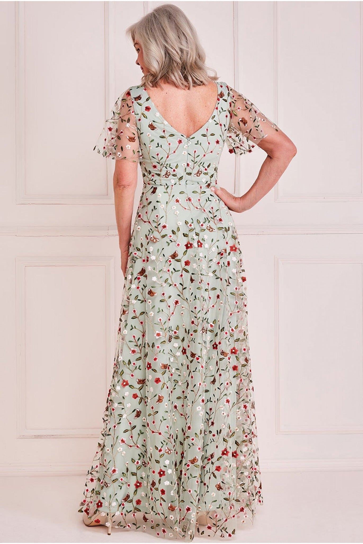 Goddiva Short Sleeve Embroidered Floral Maxi - Sage Green