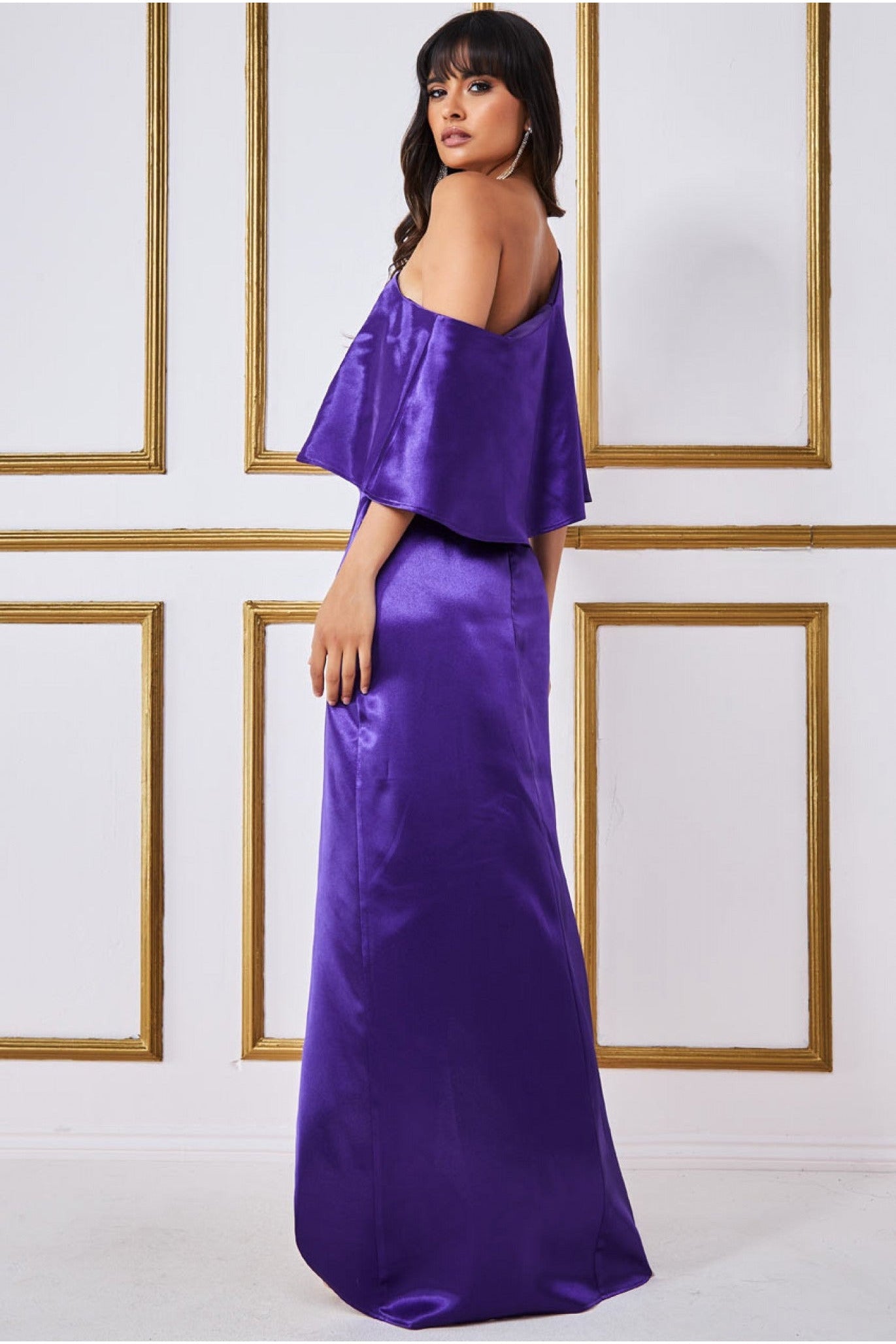 Goddiva Satin Drape Shoulder Wrap Maxi Dress - Purple