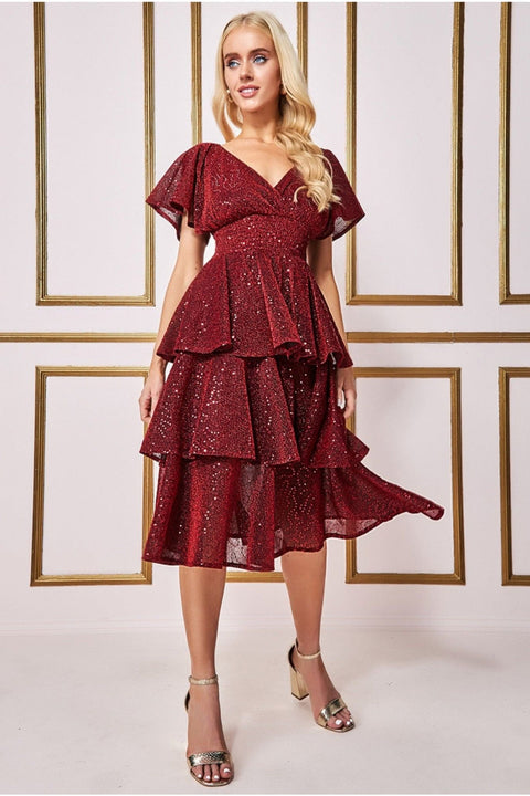 Goddiva Sequin Lurex Tiered Midi Dress - Wine