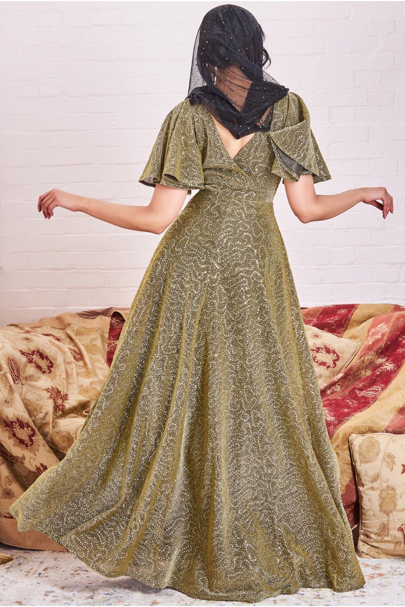 Goddiva Modesty Lurex Flutter Sleeve Maxi - Gold