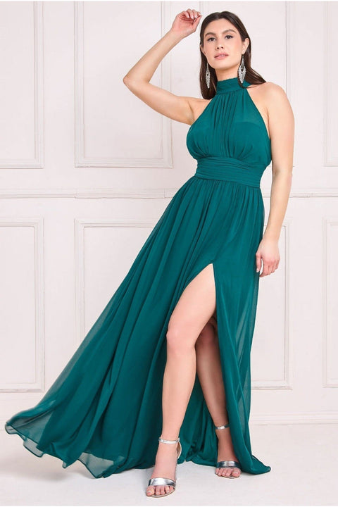 Goddiva Halterneck Chiffon Maxi With Thigh Split - Emerald