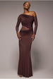 Goddiva Gathered Cowl Asymmetric Mesh And Soft Touch Maxi Dress - Brown