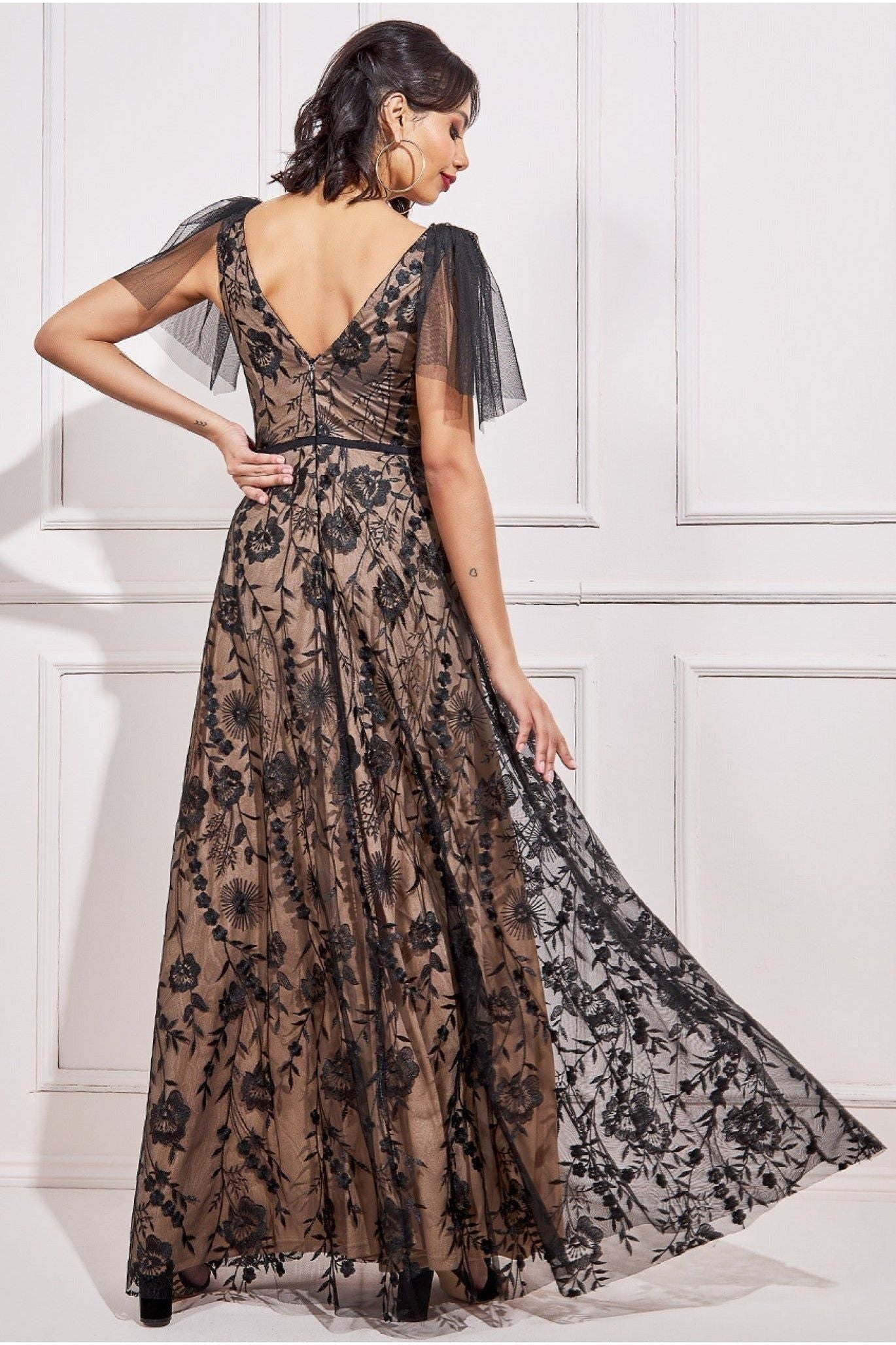 Goddiva Embroidered Lace Maxi Flutter Sleeves - Black