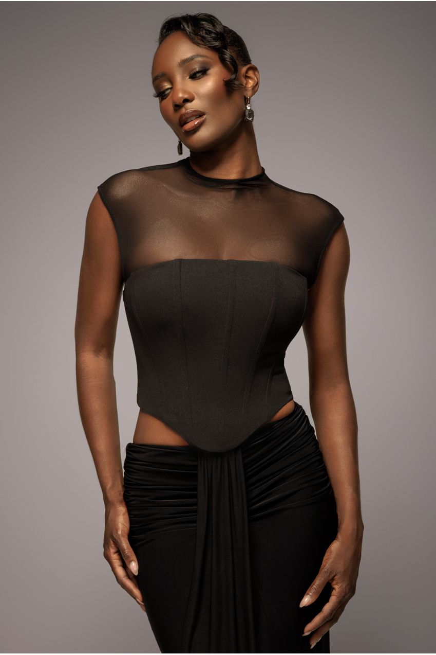 Goddiva High Neck Open Back Lace Up Scuba Corset Top - Black