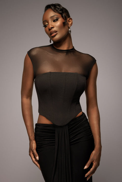 Goddiva High Neck Open Back Lace Up Scuba Corset Top - Black