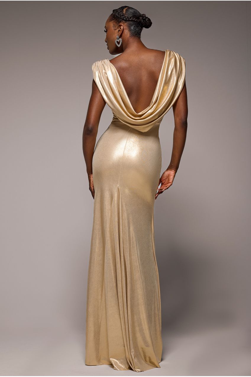 Goddiva Cowl Plunge Draped Foil Maxi Dress - Gold