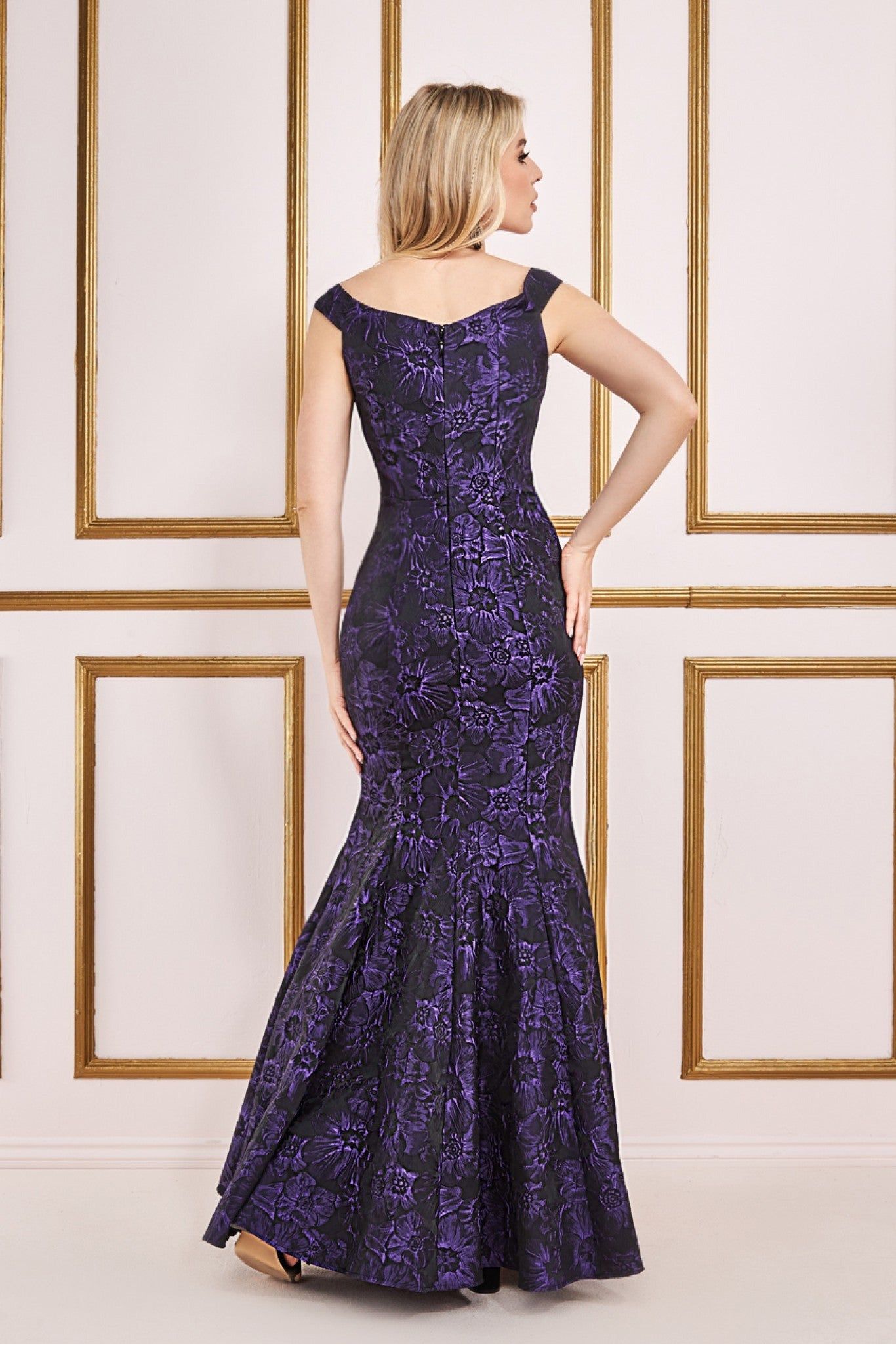 Goddiva Bardot Jacquard Maxi Dress - Purple