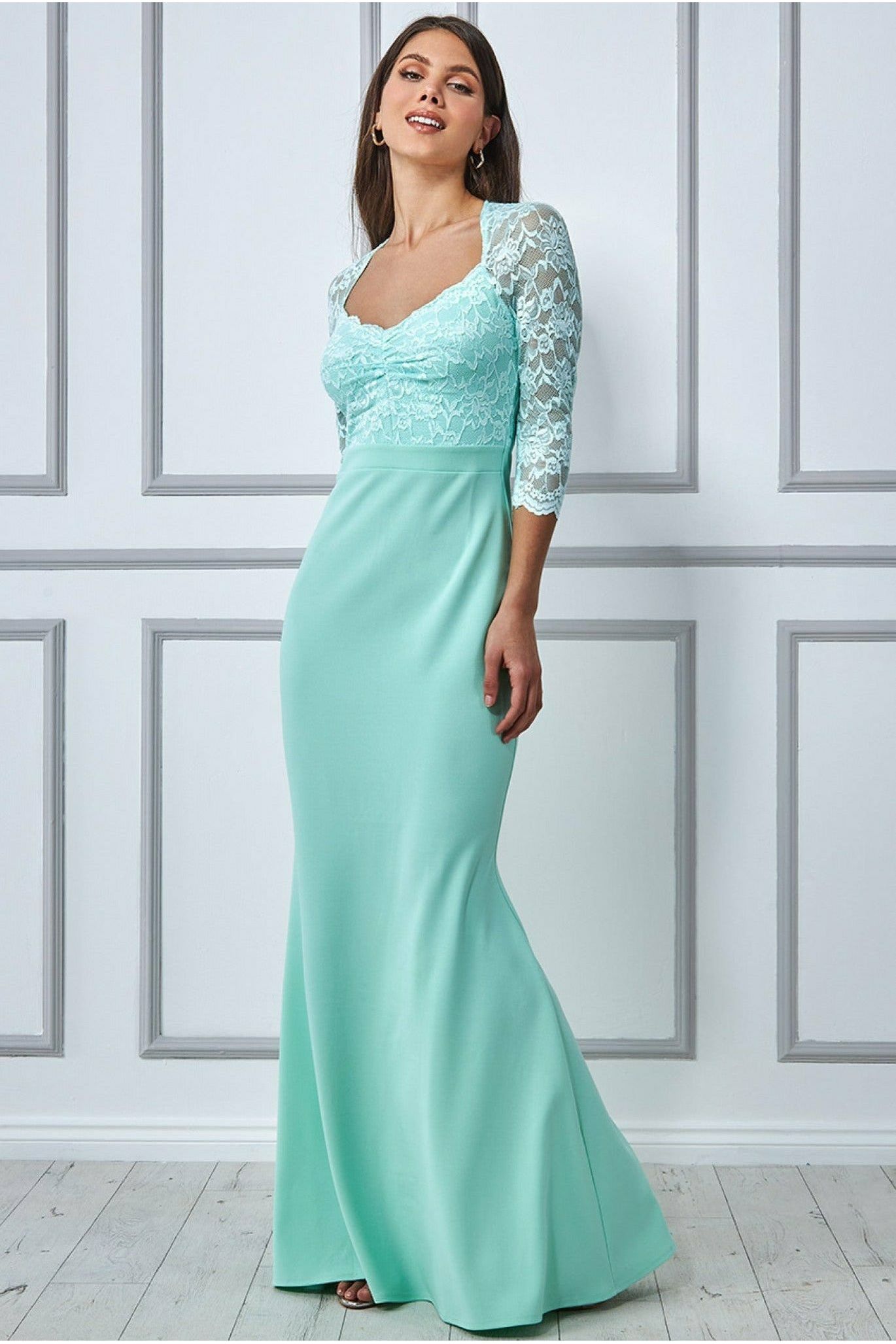 Goddiva Lace Bodice Maxi Dress With Sleeves - Mint