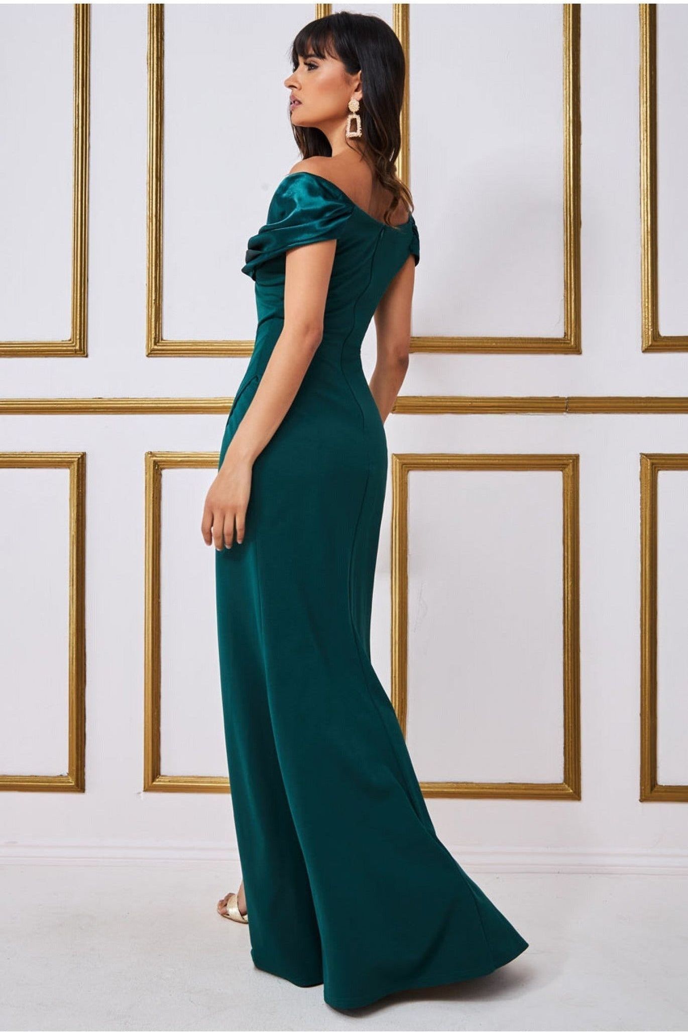 Goddiva Satin & Scuba Off The Shoulder Maxi Dress - Emerald