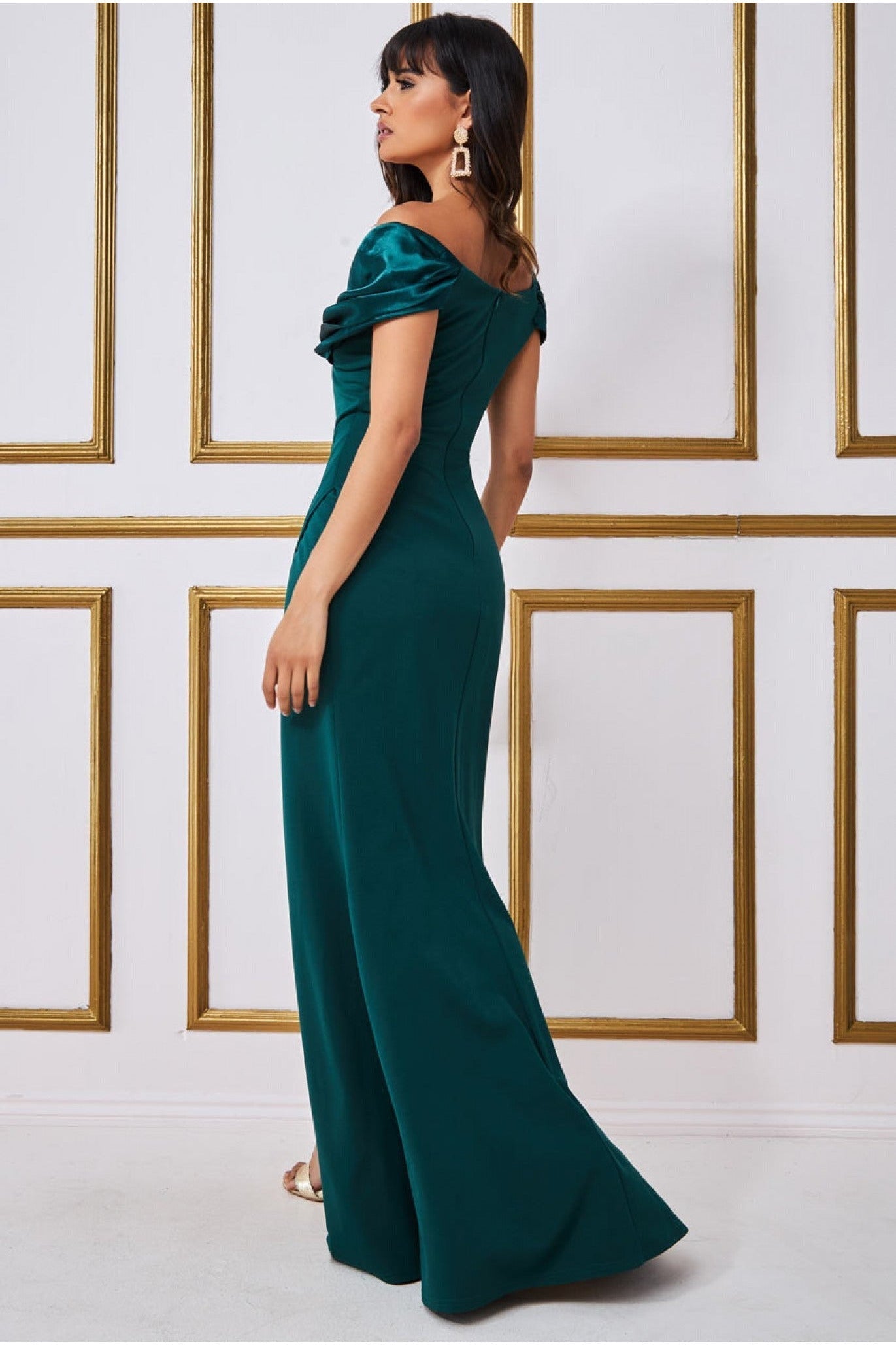 Goddiva Satin & Scuba Off The Shoulder Maxi Dress - Emerald