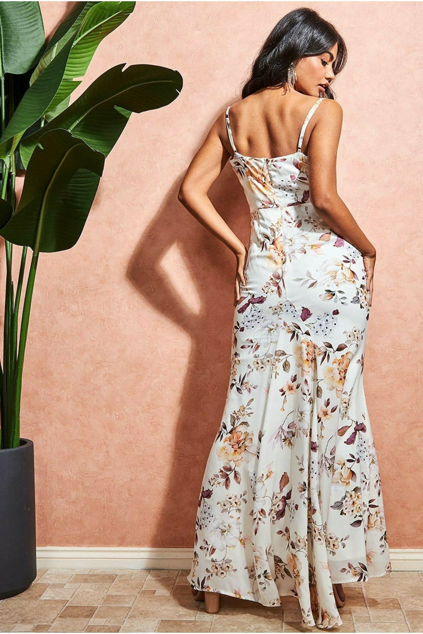 Goddiva Floral Cowl Neck Maxi Dress - Cream Print