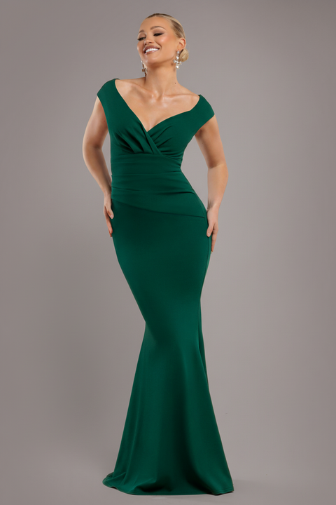 Goddiva Bardot Pleated Maxi Dress - EmeraldGreen
