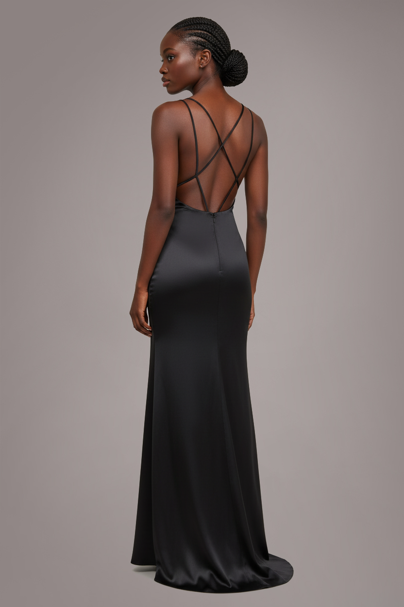 Goddiva Cowl Neck With Strappy Back Satin Maxi - Black