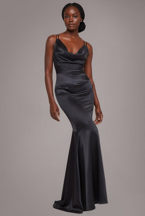 Goddiva Cowl Neck With Strappy Back Satin Maxi - Black