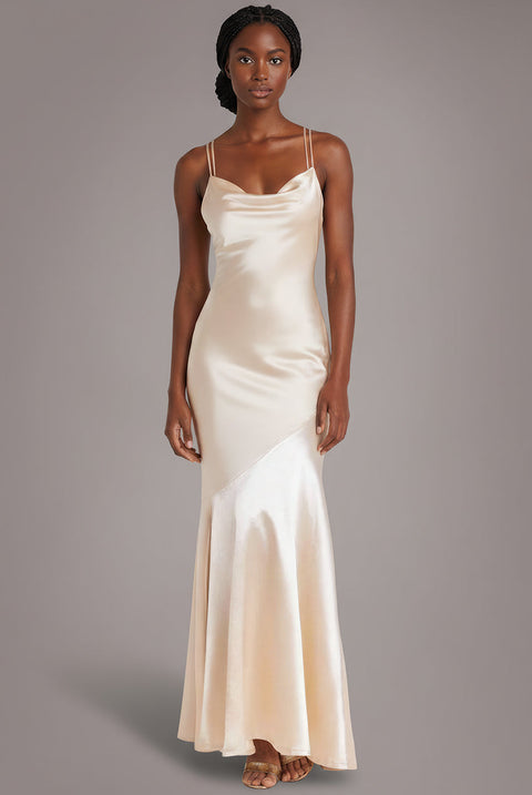 Goddiva Satin Cowl Neck With Strappy Back Maxi - Champagne