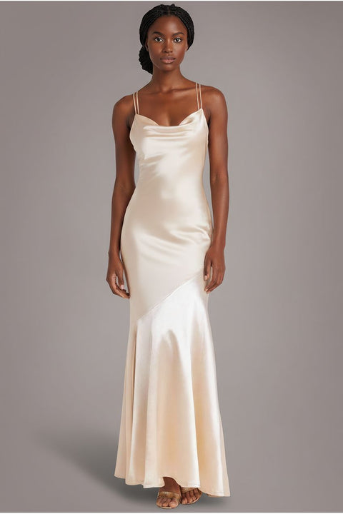 Goddiva Satin Cowl Neck With Strappy Back Maxi - Champagne