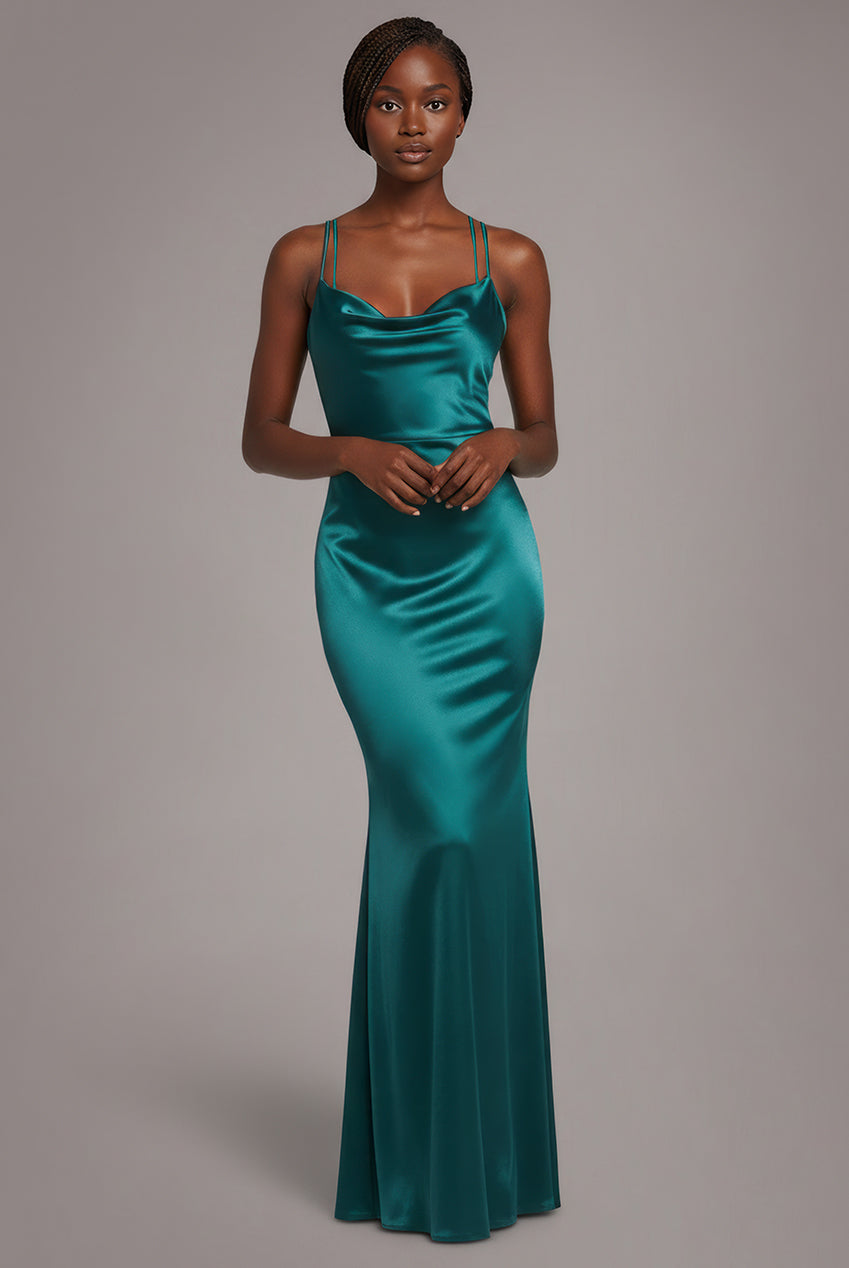 Goddiva Cowl Neck With Strappy Back Satin Maxi - Emerald