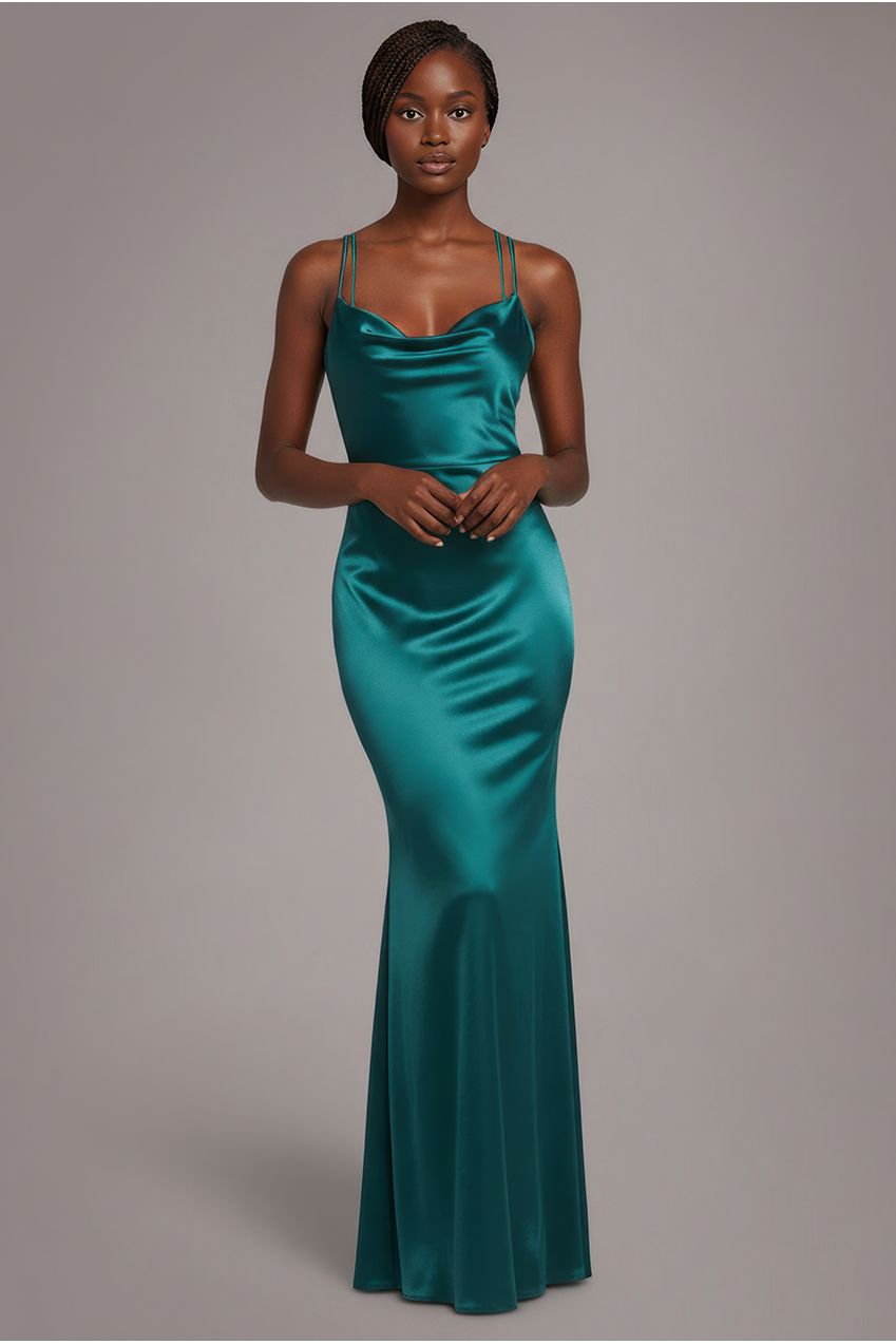 Goddiva Cowl Neck With Strappy Back Satin Maxi - Emerald