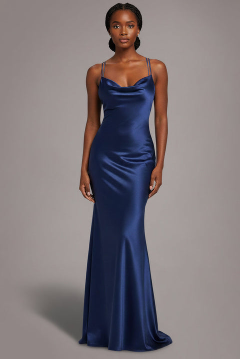 Goddiva Cowl Neck With Strappy Back Satin Maxi - Navy