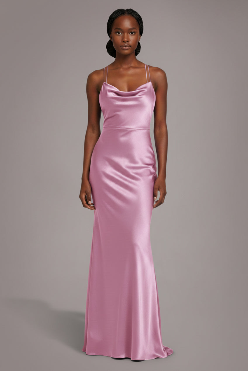 Goddiva Satin Cowl Neck With Strappy Back Maxi - Pink