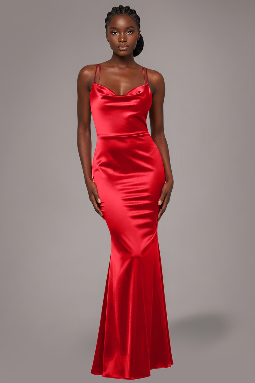 Goddiva Cowl Neck With Strappy Back Satin Maxi - Red