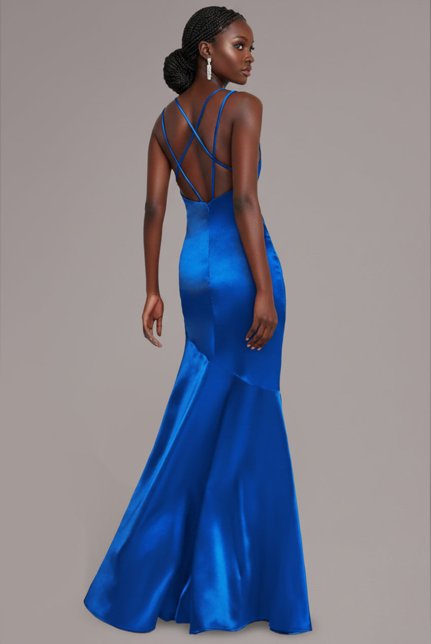 Goddiva Cowl Neck With Strappy Back Satin Maxi - Royal Blue