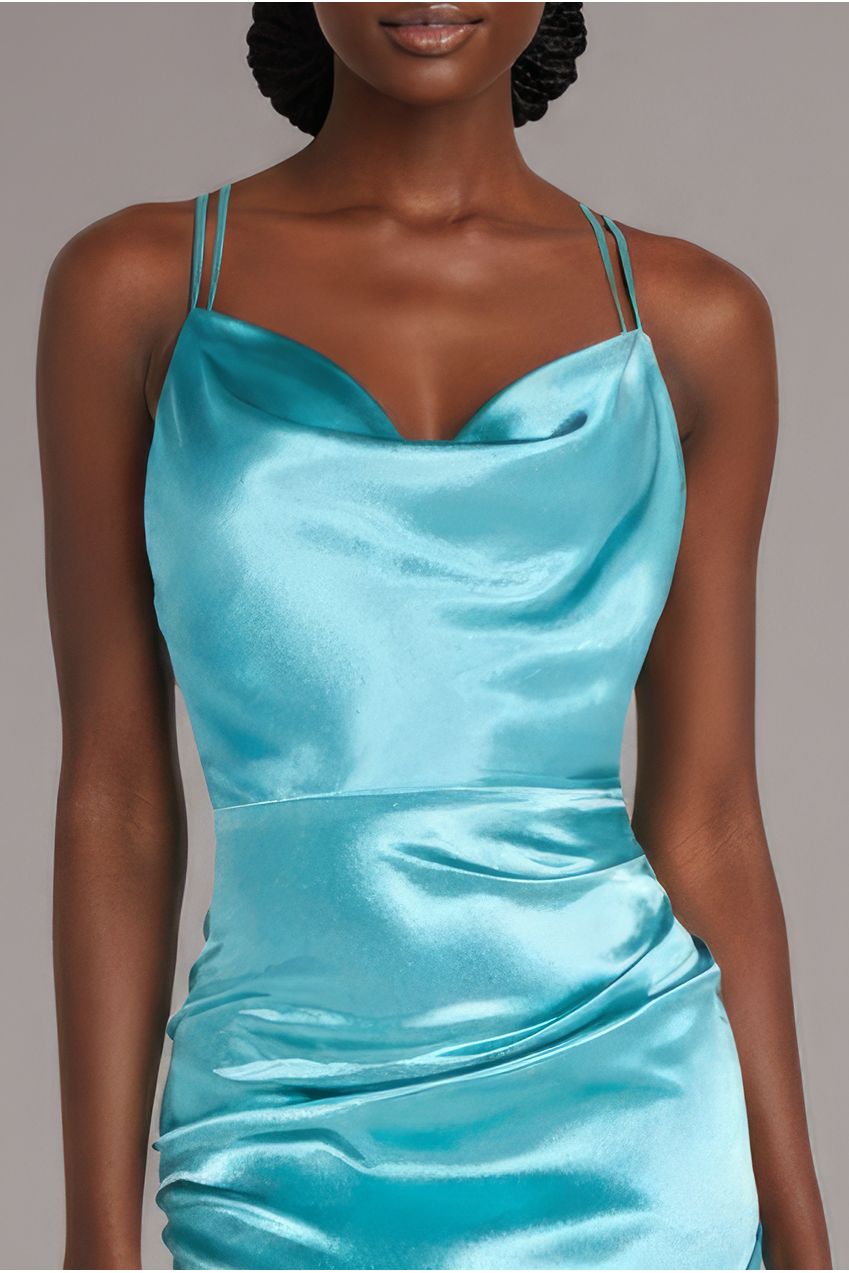 Goddiva Satin Cowl Neck With Strappy Back Maxi - Aqua