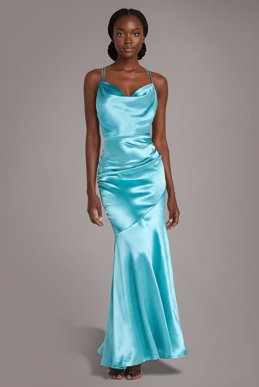 Goddiva Satin Cowl Neck With Strappy Back Maxi - Aqua
