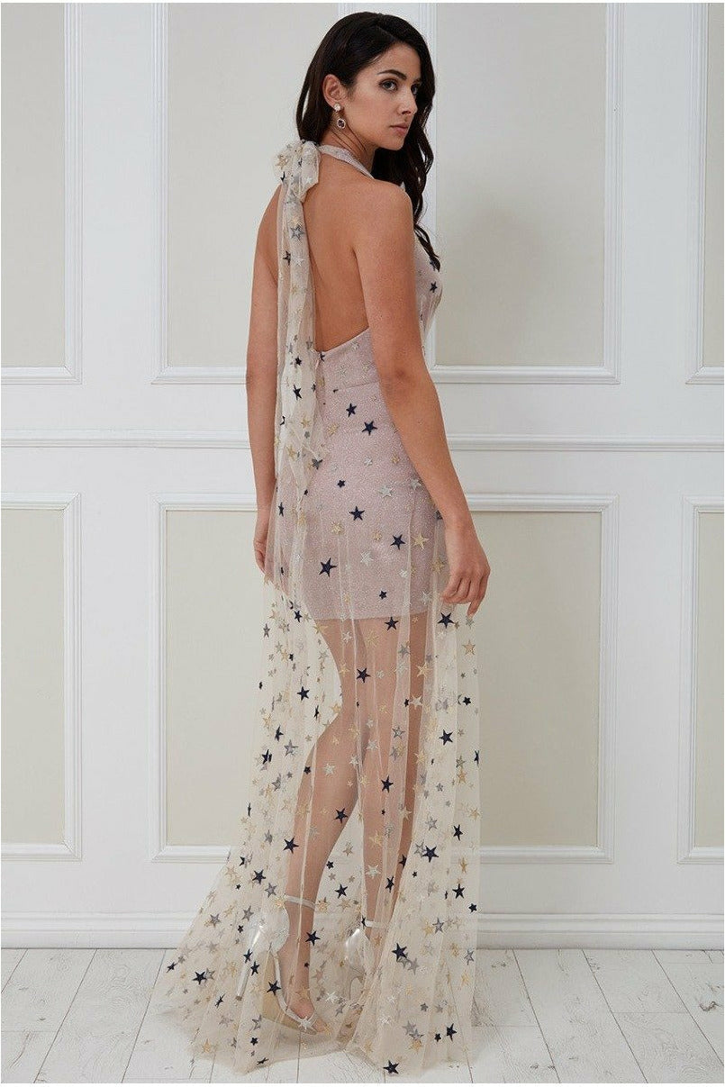Goddiva Star Mesh Halter Neck Maxi Dress - Champagne