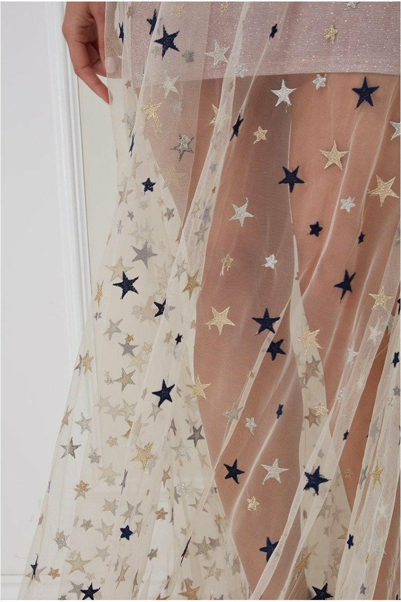 Goddiva Star Mesh Halter Neck Maxi Dress - Champagne