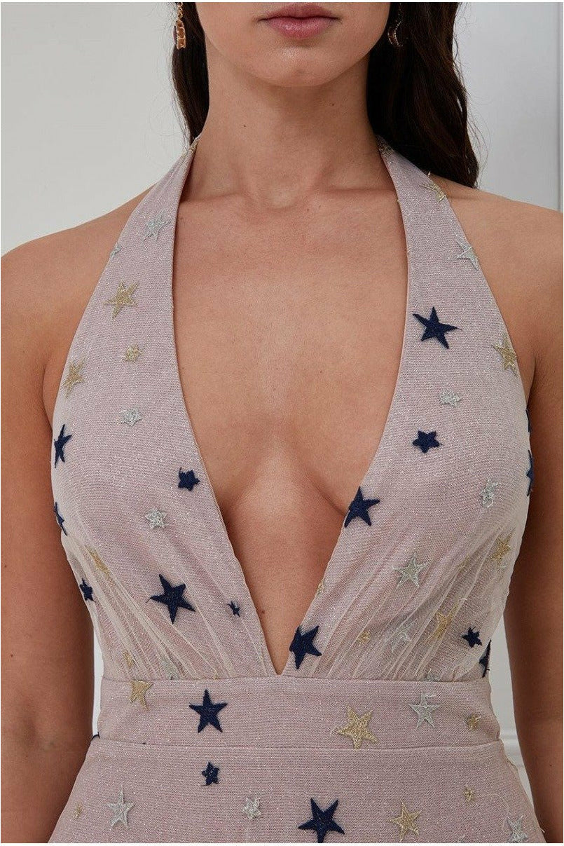 Goddiva Star Mesh Halter Neck Maxi Dress - Champagne
