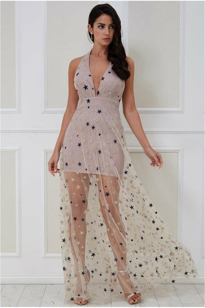 Champagne - Goddiva Star Mesh Halter Neck Maxi Dress - Champagne