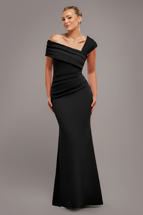 Goddiva One Shoulder Evening Maxi Dress - Black