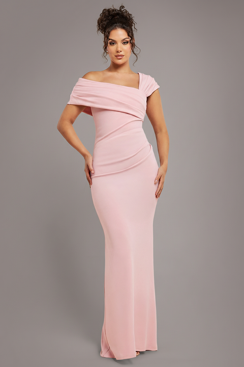 Goddiva One Shoulder Scuba Crepe Evening Maxi Dress - Blush Pink