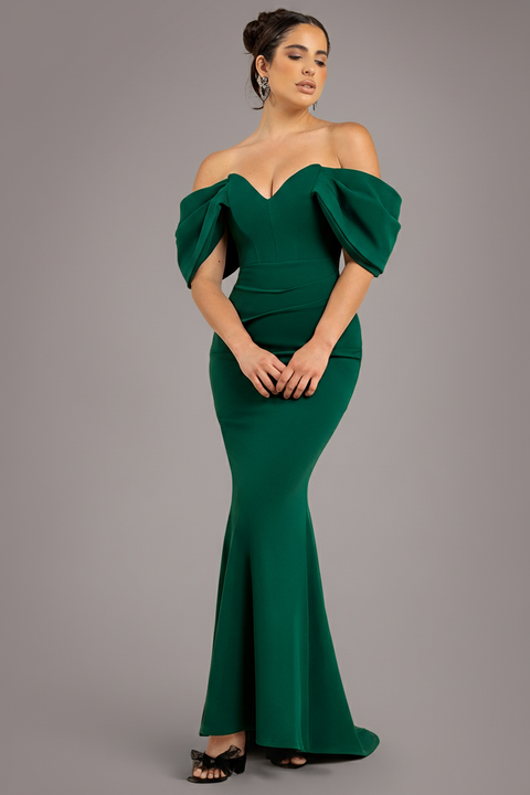 Goddiva Off The Shoulder Draped Sleeve Maxi Dress - Emerald Green