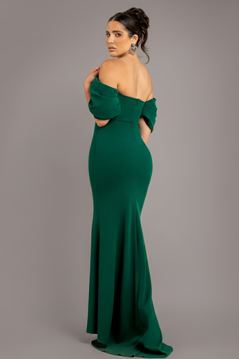 Goddiva Off The Shoulder Draped Sleeve Maxi Dress - Emerald Green