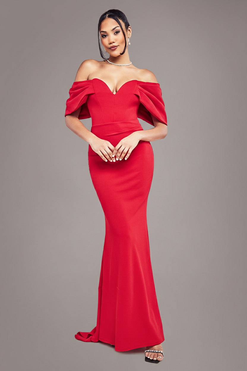 Goddiva Off The Shoulder Draped Sleeve Maxi Dress - Red