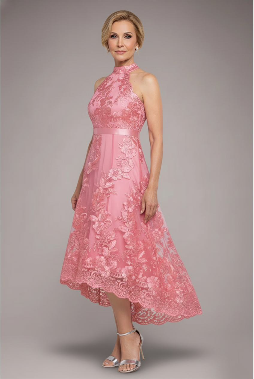 Goddiva Halter Neck Lace High And Low Dress - Coral