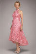 Goddiva Halter Neck Lace High And Low Dress - Coral