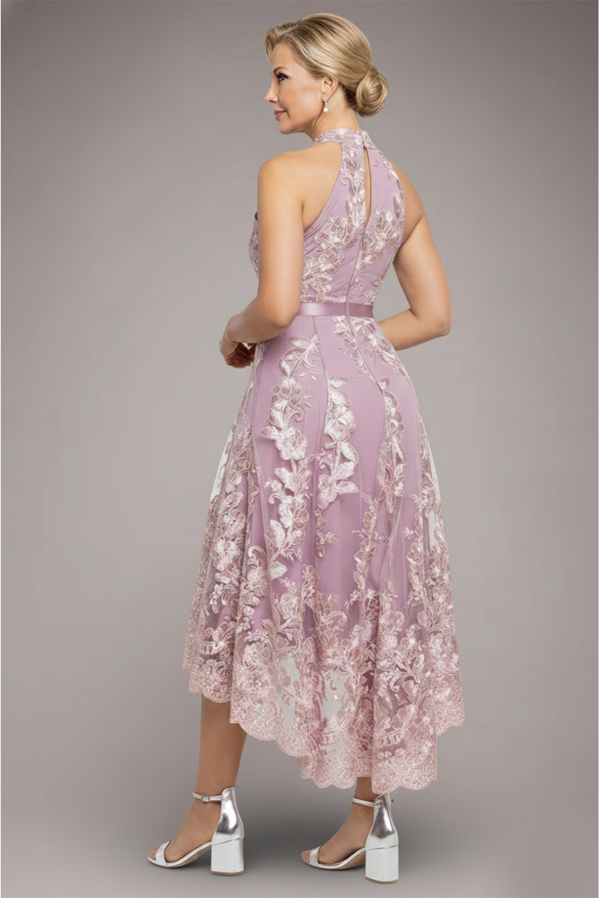 Goddiva Halter Neck Lace High And Low Dress - Blush Pink