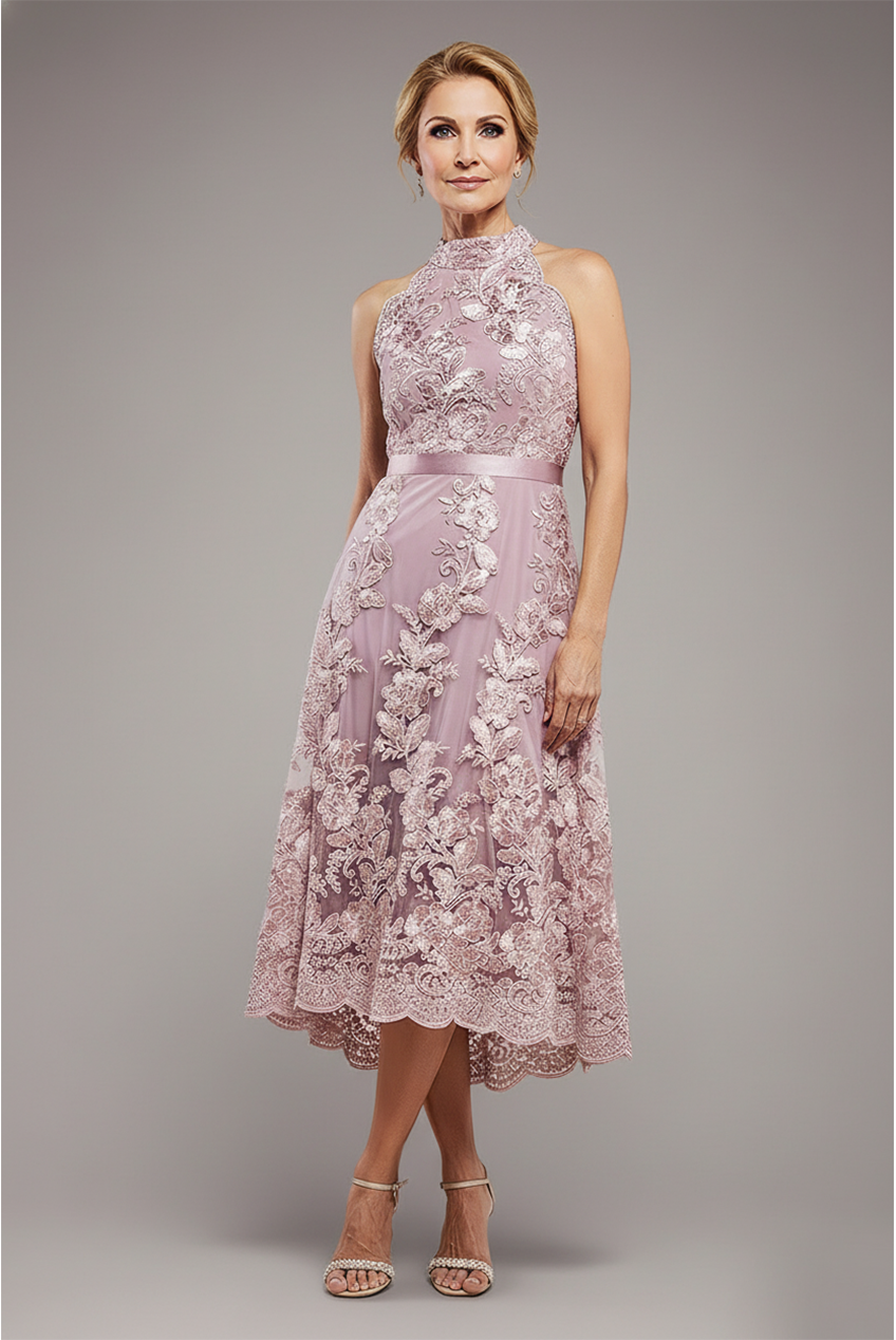 Goddiva Halter Neck Lace High And Low Dress - Blush Pink