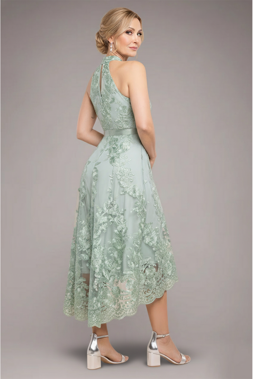 Goddiva Halter Neck Lace High And Low Dress - Sage Green