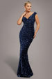 Goddiva Multi Sequin & Velvet Bardot Maxi Dress - Navy Blue