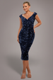 Goddiva Multi Sequin & Velvet Bardot Midi Dress - Navy Blue