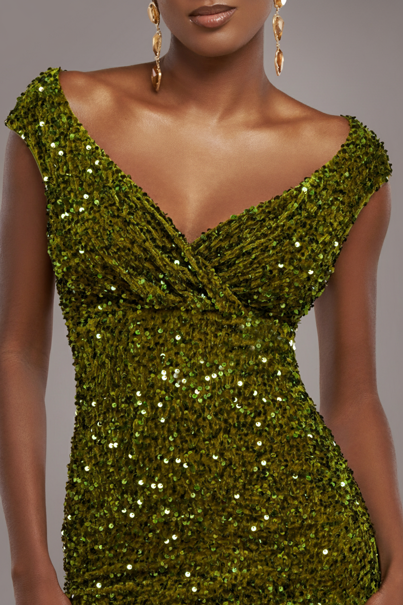 Goddiva Multi Sequin & Velvet Bardot Midi Dress - Olive Green