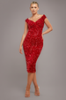 Goddiva Multi Sequin & Velvet Bardot Midi Dress - Red