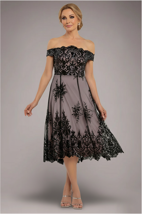 Goddiva Bardot Sequin & Lace High Low Midi - Black