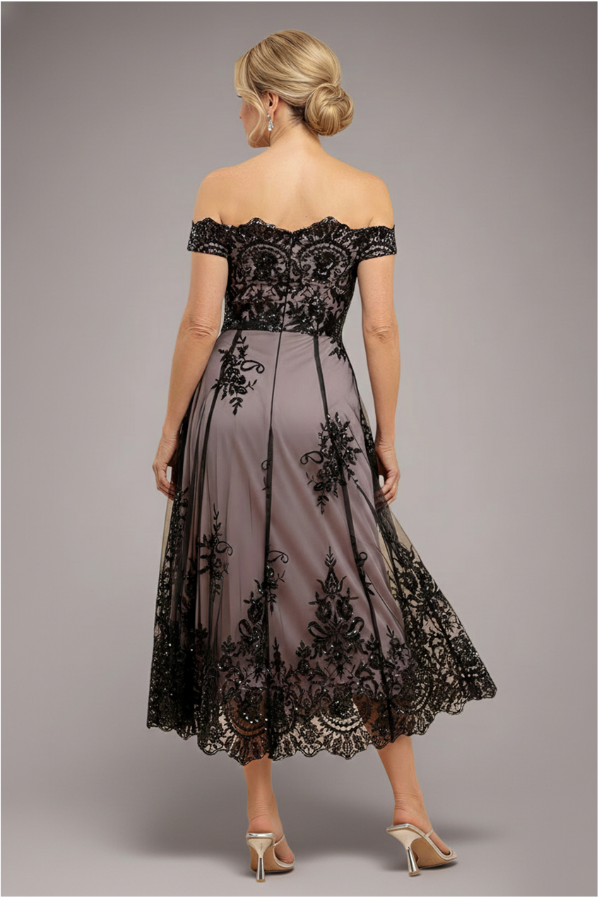 Goddiva Bardot Sequin & Lace High Low Midi - Black