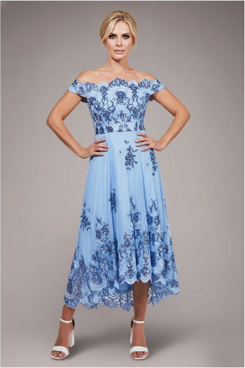 Goddiva Bardot Sequin & Lace High Low Midi - Blue