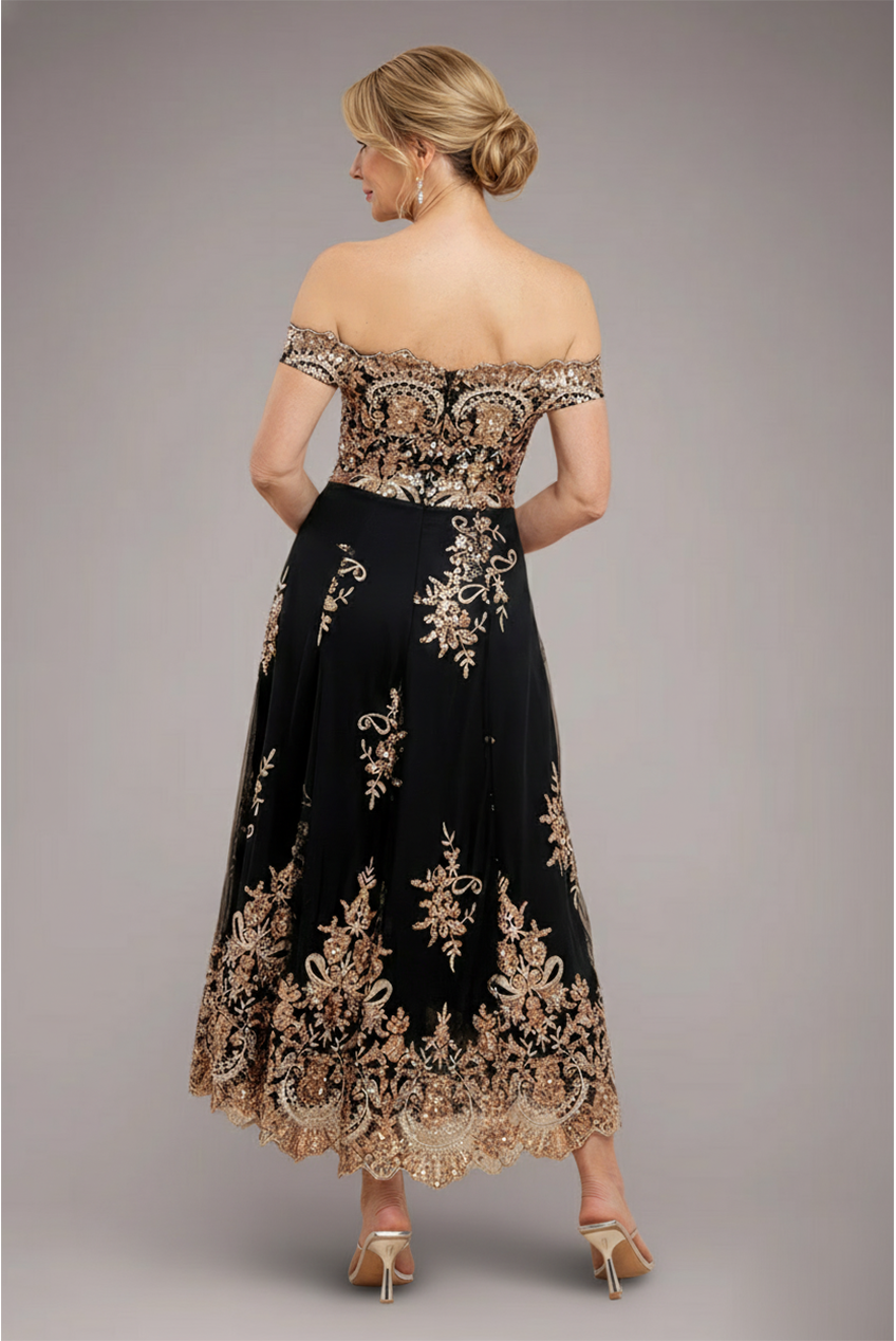 Goddiva Bardot Sequin & Lace High Low Midi - Champagne